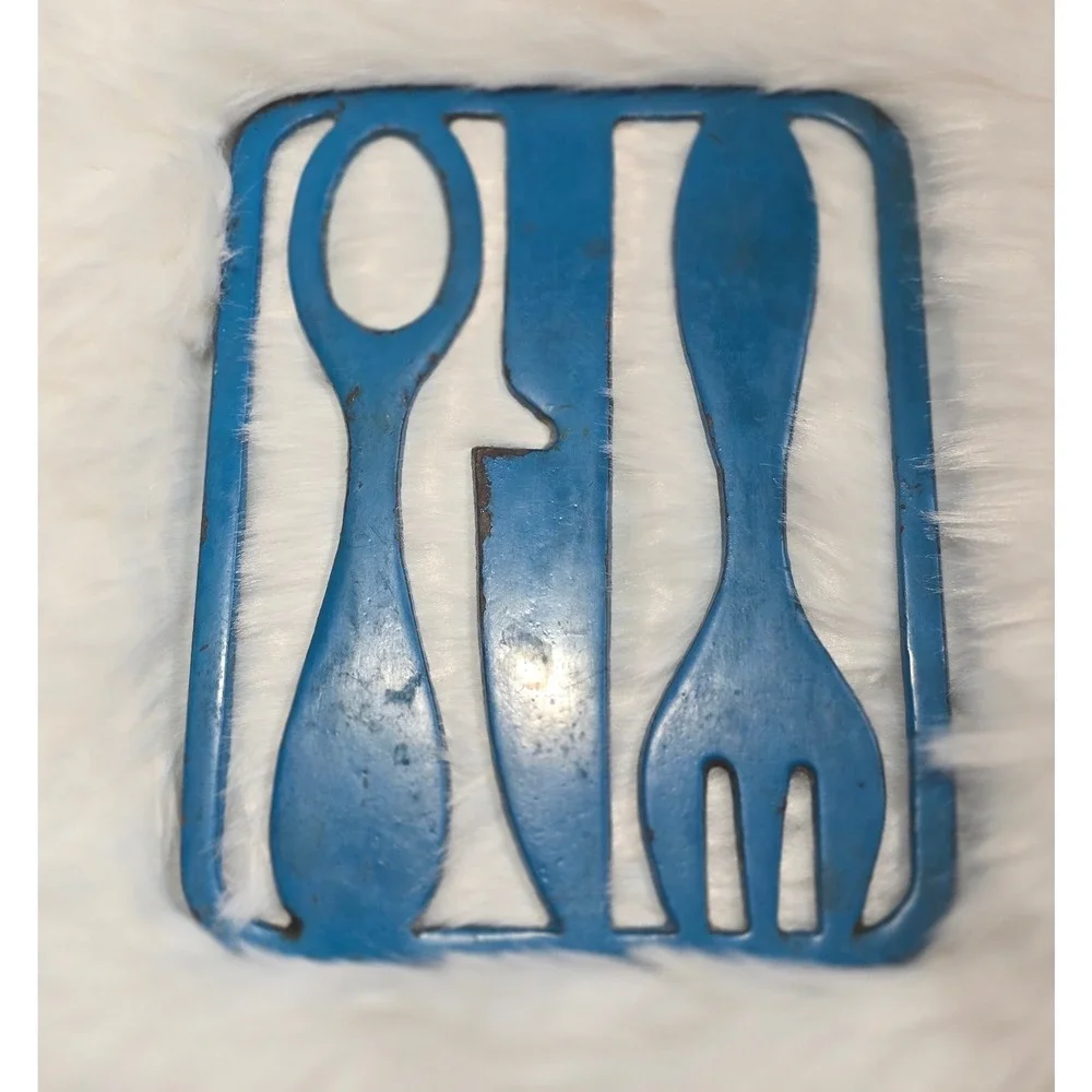 Vintage Blue Metal Cutlery Silhouette Wall Art‎ - Spoon Knife Fork Kitchen Decor